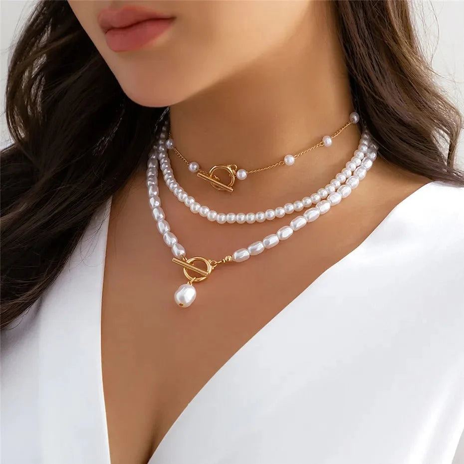 Classy Beaded Pearl Necklace Stacks