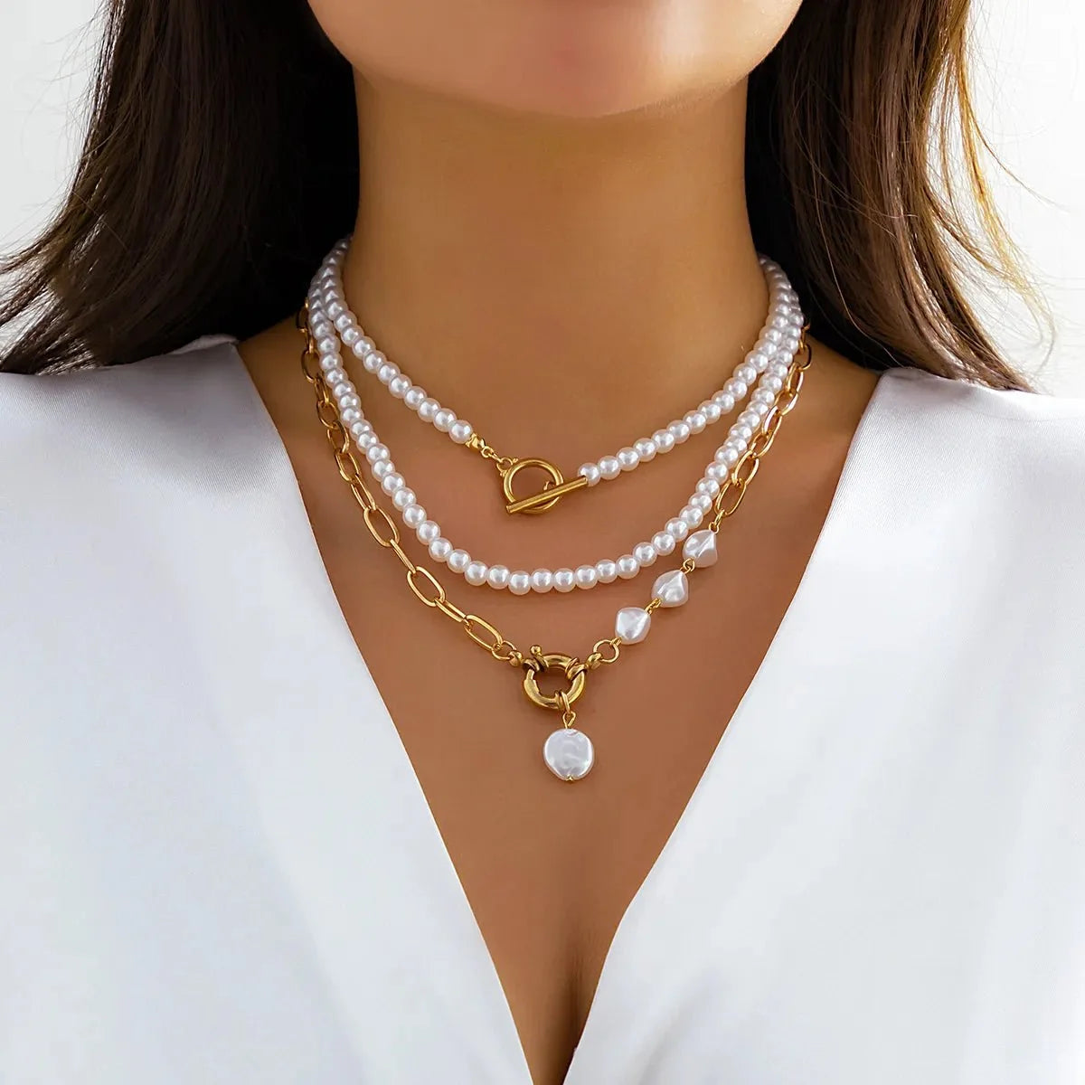 Classy Beaded Pearl Necklace Stacks