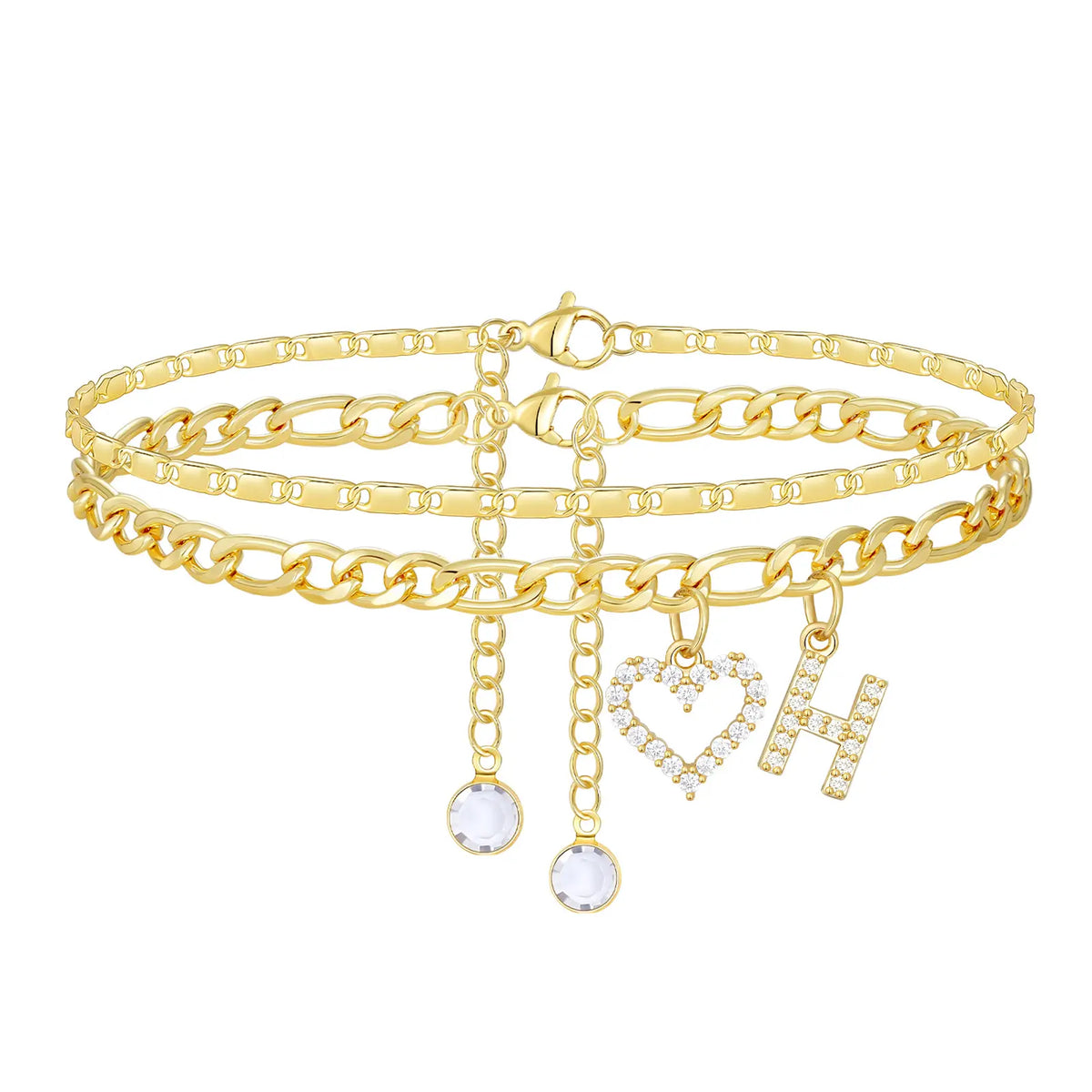 2pc 14k Letter Initial & Diamond Heart Anklet