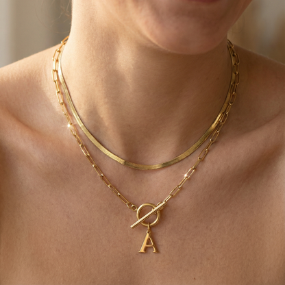 2pc Paperclip Initial Toggle Clasp & Herringbone Necklace Set