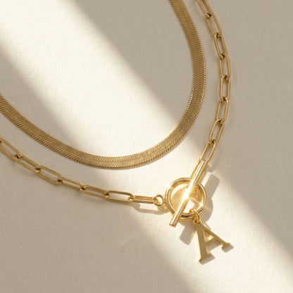 2pc Paperclip Initial Toggle Clasp & Herringbone Necklace Set
