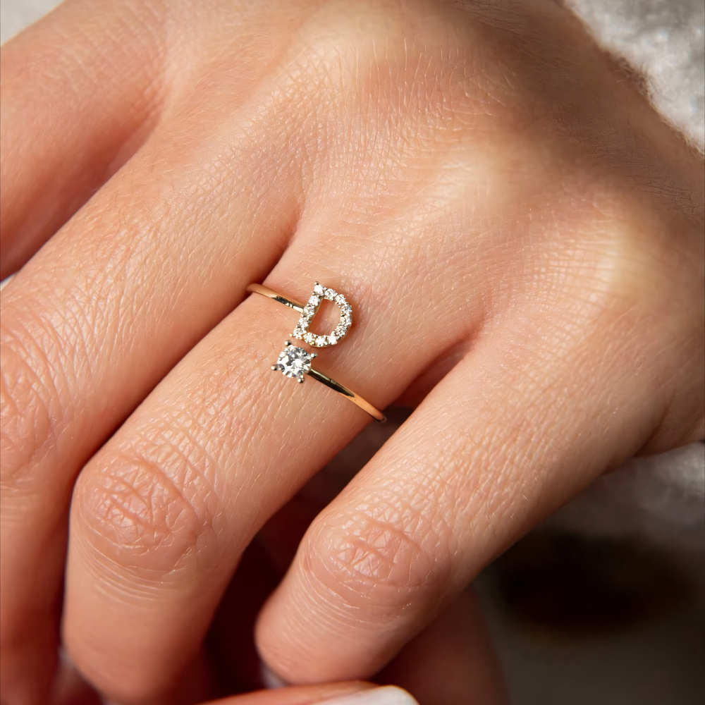 Adjustable Dainty Diamond Letter Initial Ring
