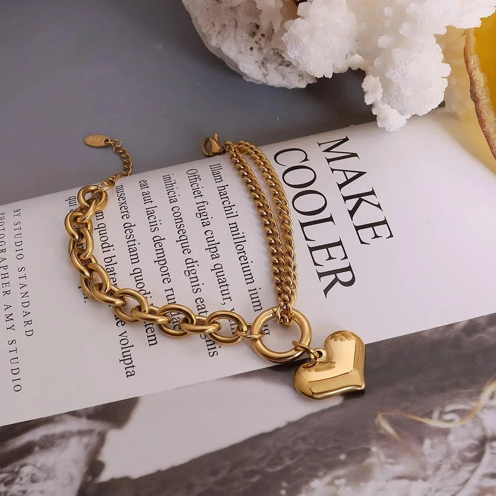 Layered Chain and Paperclip Heart Bracelet