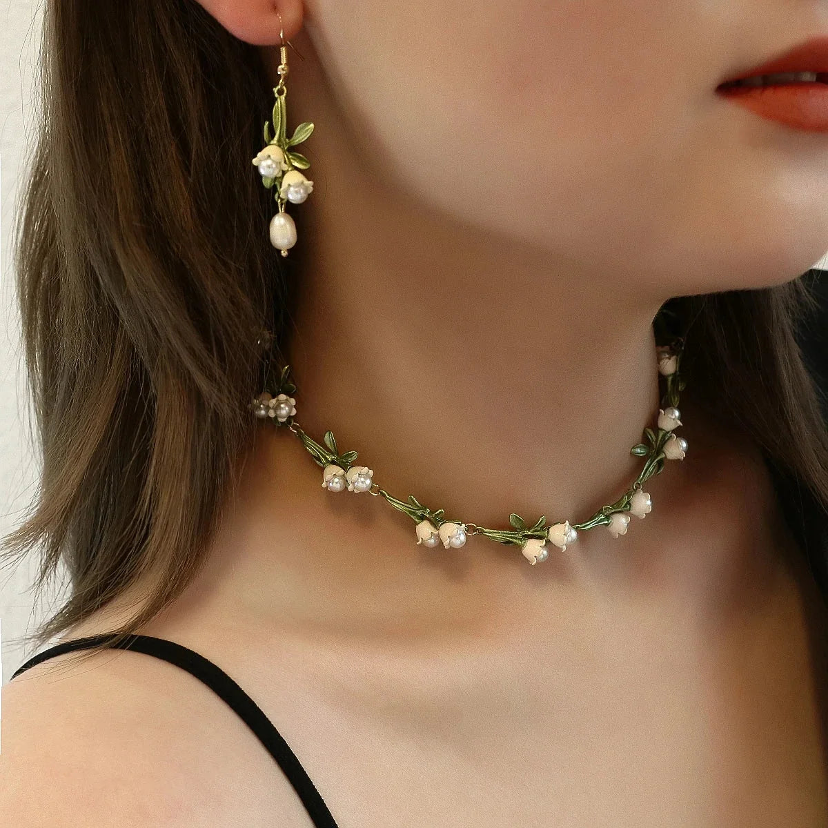 Lily of the Valley Pearl Choker Necklace, Bracelet, and Earrings Set