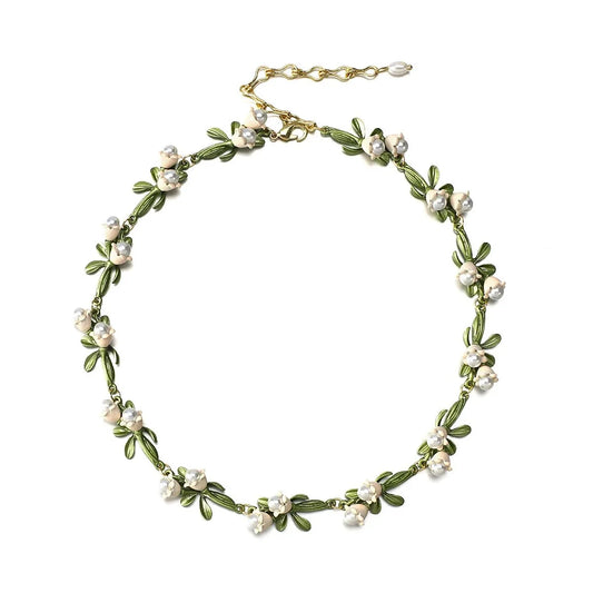 Lily of the Valley Pearl Choker Necklace, Bracelet, and Earrings Set