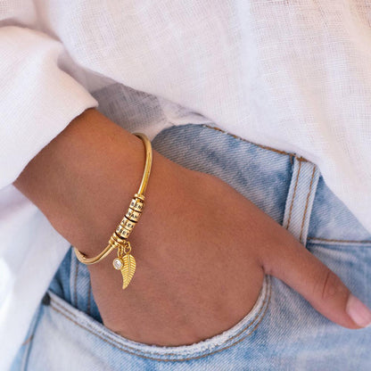 Personalized Leaf Birthstone & Name Family Bangle Bracelet