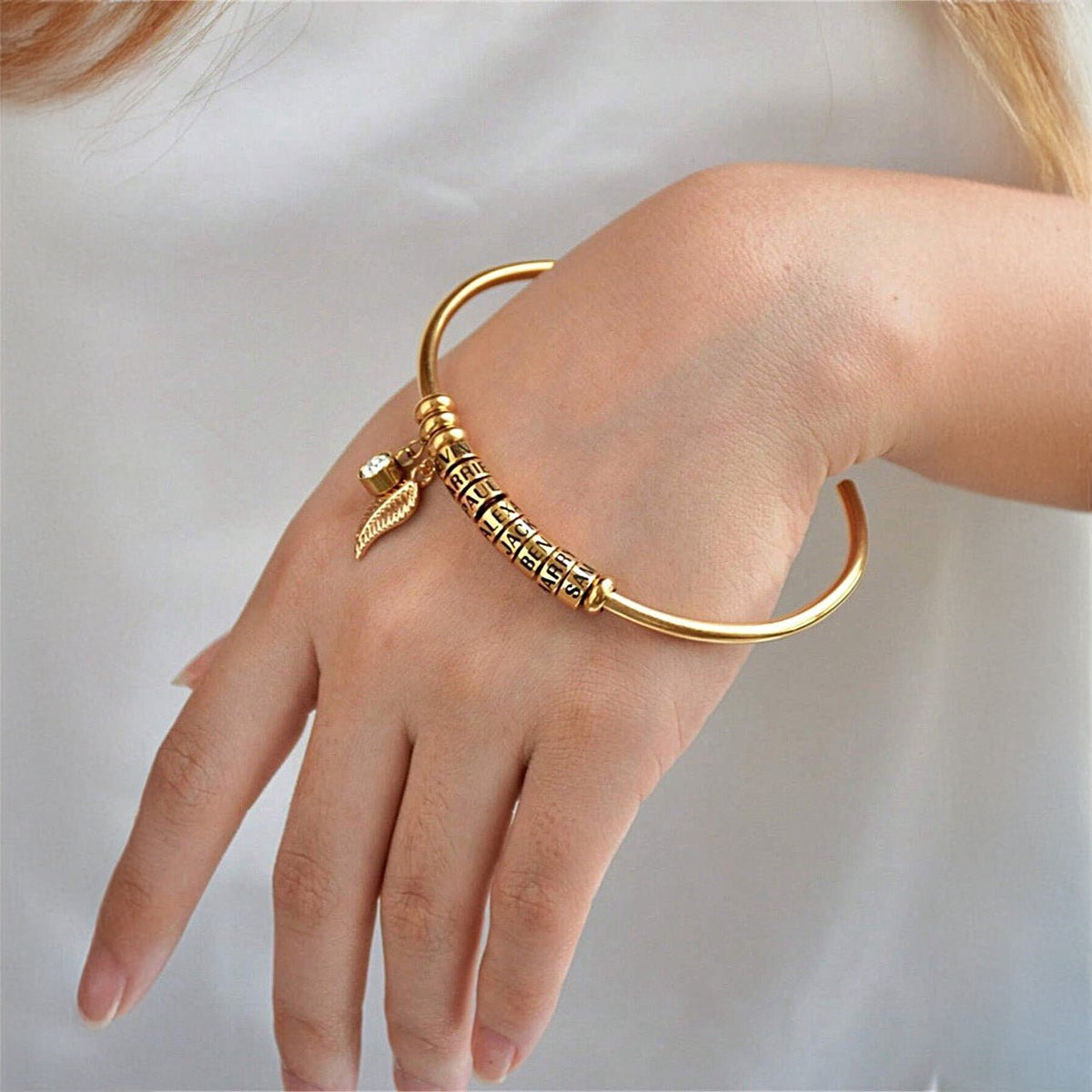 Personalized Leaf Birthstone & Name Family Bangle Bracelet