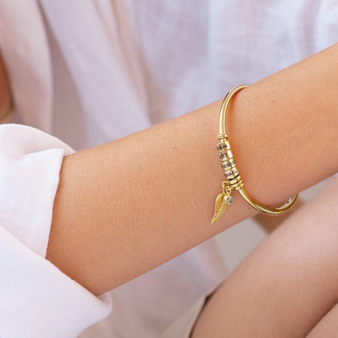 Personalized Leaf Birthstone & Name Family Bangle Bracelet