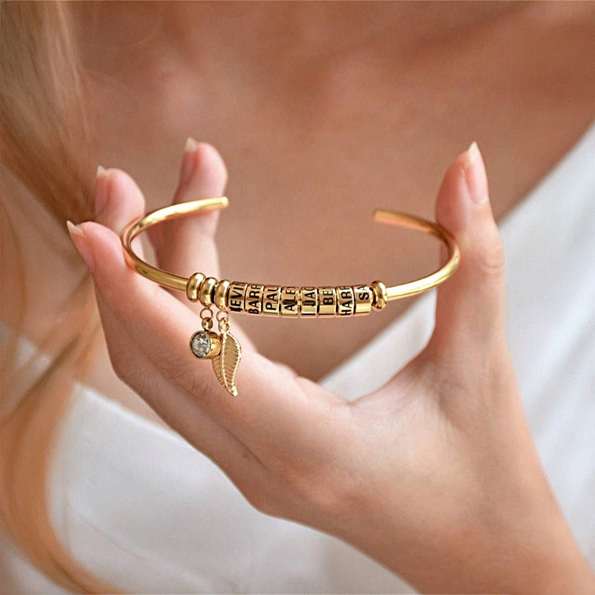 Personalized Leaf Birthstone & Name Family Bangle Bracelet