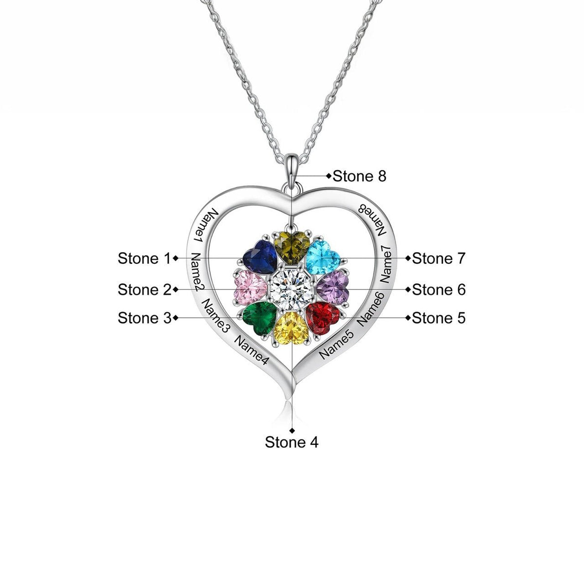 Personalized Name & Birthstone Heart Hanging Pendant Necklace