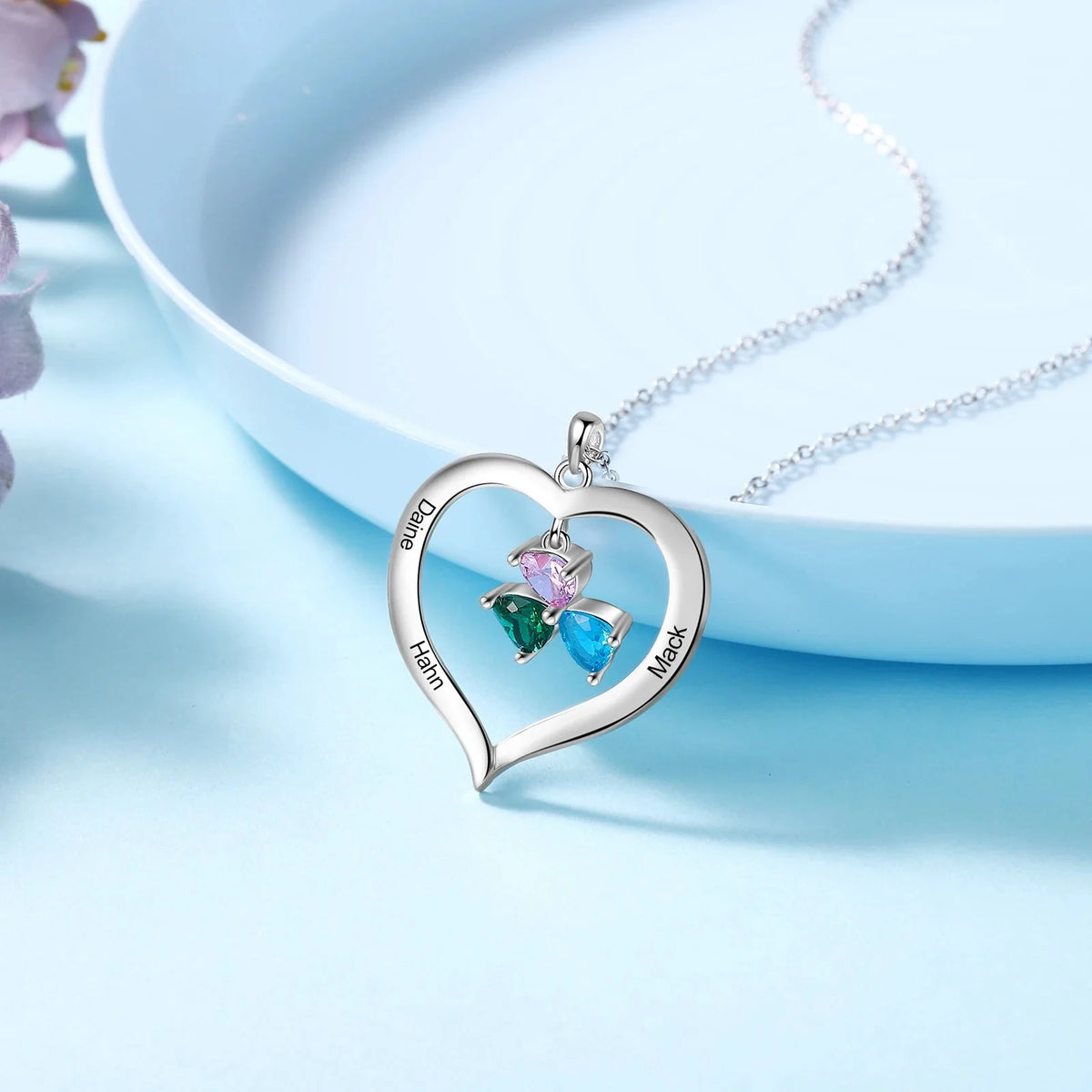 Personalized Name & Birthstone Heart Hanging Pendant Necklace