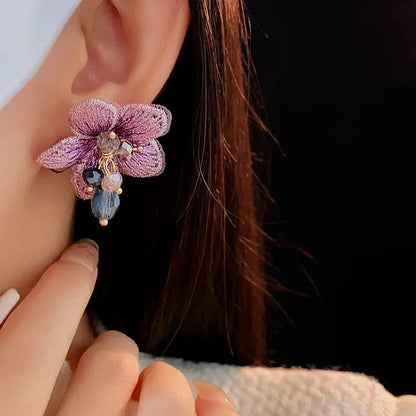 Purple Oriental Hibiscus Floral Earrings