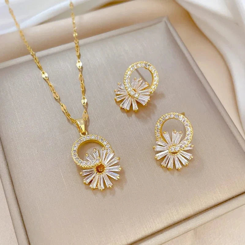 Shimmering Floral Diamond Necklace and Earrings