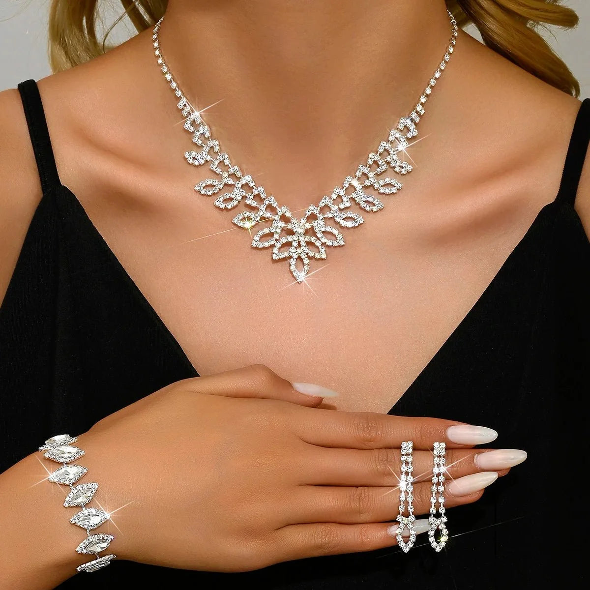Shimmering Oval Diamond Necklace, Bracelet, and Earring Set