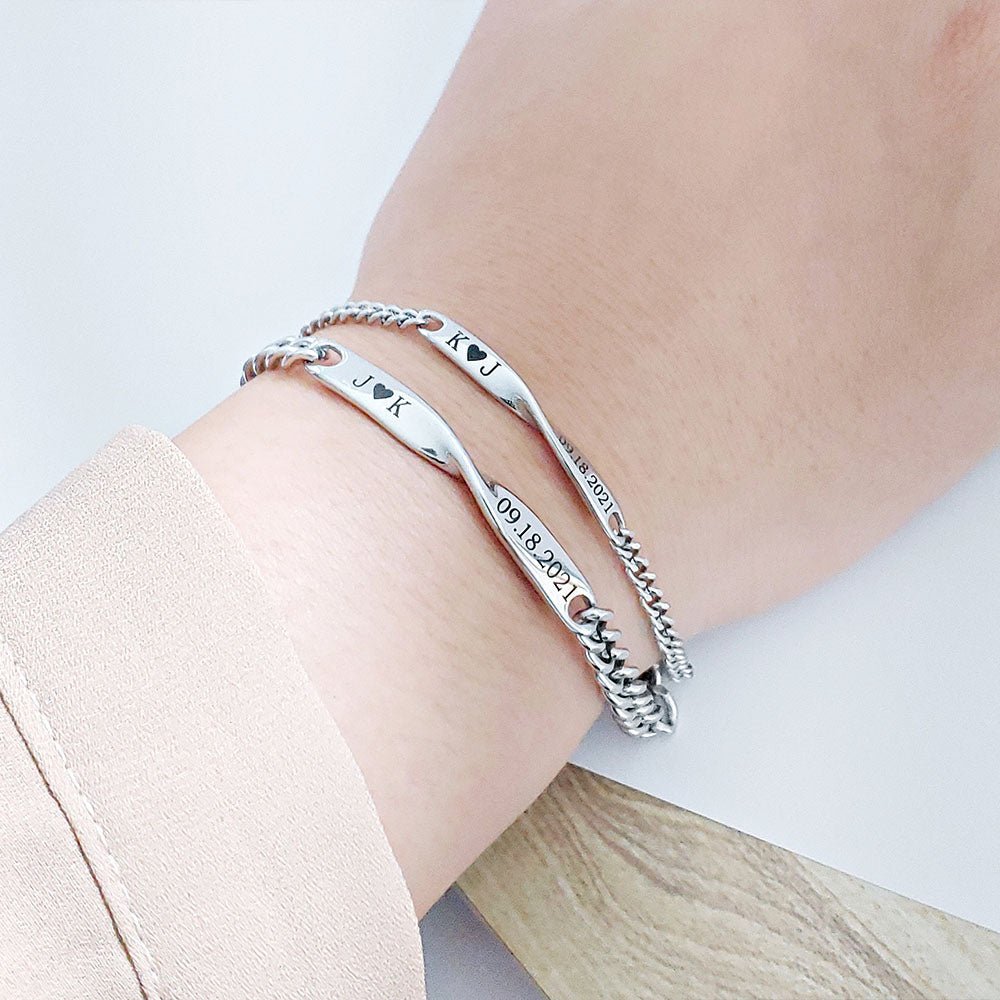Twisted Name & Date Couples Bracelets